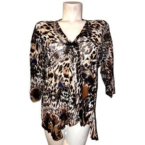 Fuzzi Italy Women Small Animal Print Mesh V-Neck 3/4 Sleeve Tulle Top Brown